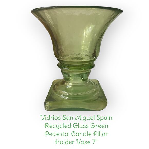 Vidrios San Miguel 100% Recycled Glass Green Footed Round Hurricane Vase bowl 7” - Picture 1 of 3